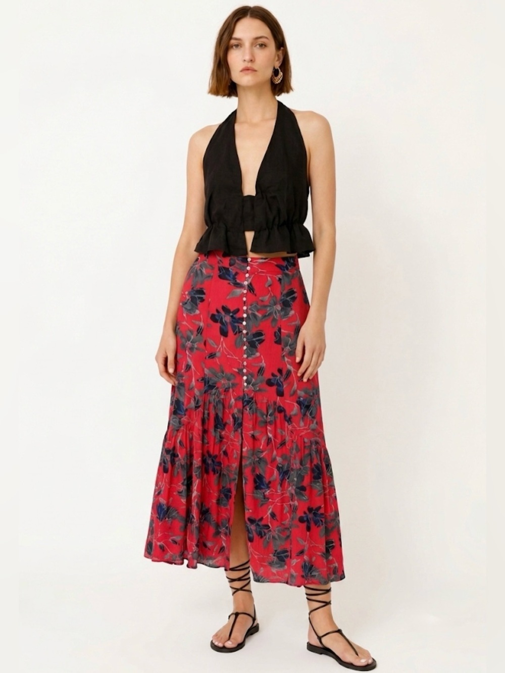 Free People Smooth Sailing Maxi Skirt Size 2 Red Floral Button Front Tiered